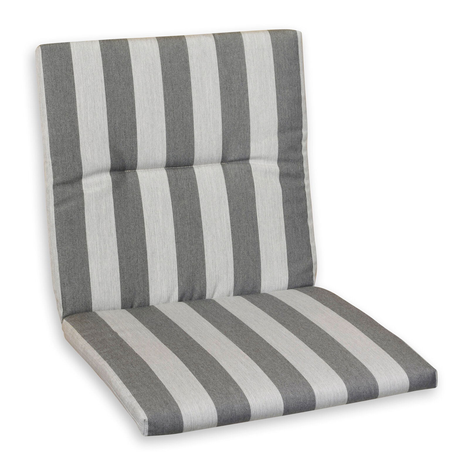 Grau-weiß gestreifte Niederlehnerauflage, perspektivisch von vorne fotografiert