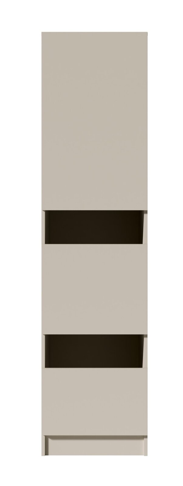 Schlanker, hoher Schrank in Beige mit zwei offenen Ablagefächern und geschlossenem unteren Fach, Frontansicht