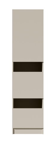 Schlanker, hoher Schrank in Beige mit zwei offenen Ablagefächern und geschlossenem unteren Fach, Frontansicht