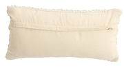 Rückansicht eines rechteckigen, beigen Kissens mit dekorativer Kante.