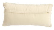 Rückansicht eines rechteckigen, beigen Kissens mit dekorativer Kante.