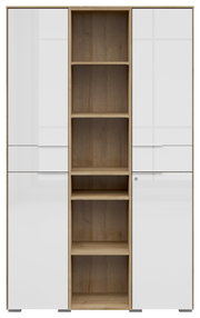 Frontansicht eines modernen Aktenschranks mit zwei weißen Türen und offenen Holzregalen in der Mitte.