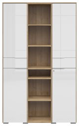 Frontansicht eines modernen Aktenschranks mit zwei weißen Türen und offenen Holzregalen in der Mitte.