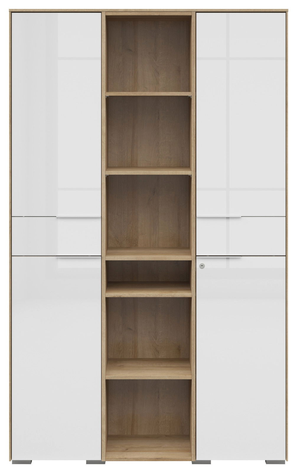 Frontansicht eines modernen Aktenschranks mit zwei weißen Türen und offenen Holzregalen in der Mitte.