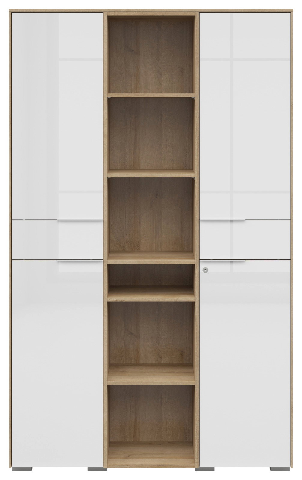 Frontansicht eines modernen Aktenschranks mit zwei weißen Türen und offenen Holzregalen in der Mitte.