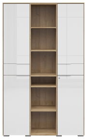 Frontansicht eines modernen Aktenschranks mit zwei weißen Türen und offenen Holzregalen in der Mitte.