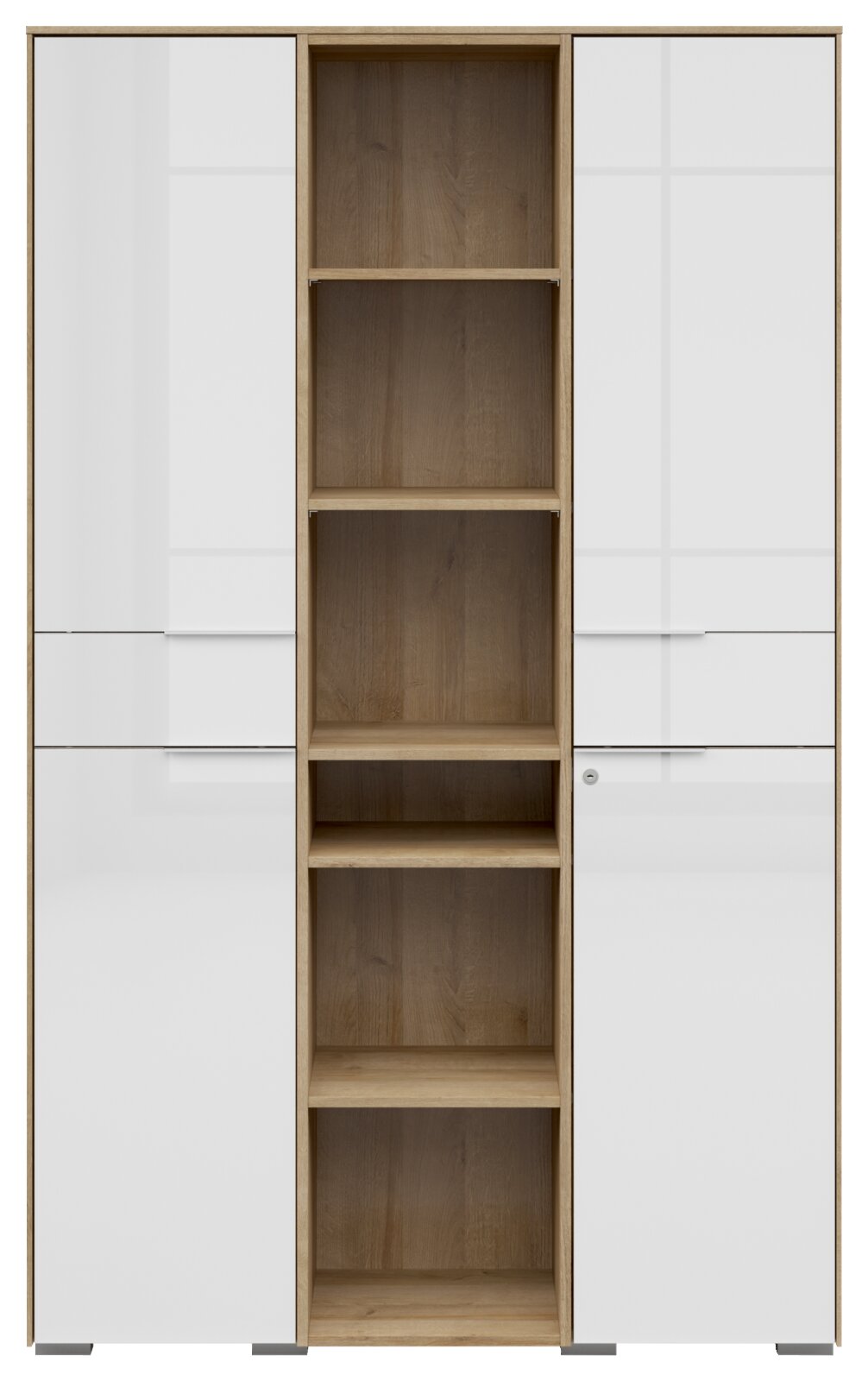 Vooraanzicht van een moderne archiefkast met twee witte deuren en open houten planken in het midden.