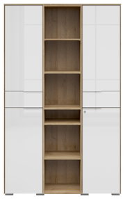 Frontansicht eines modernen Aktenschranks mit zwei weißen Türen und offenen Holzregalen in der Mitte.