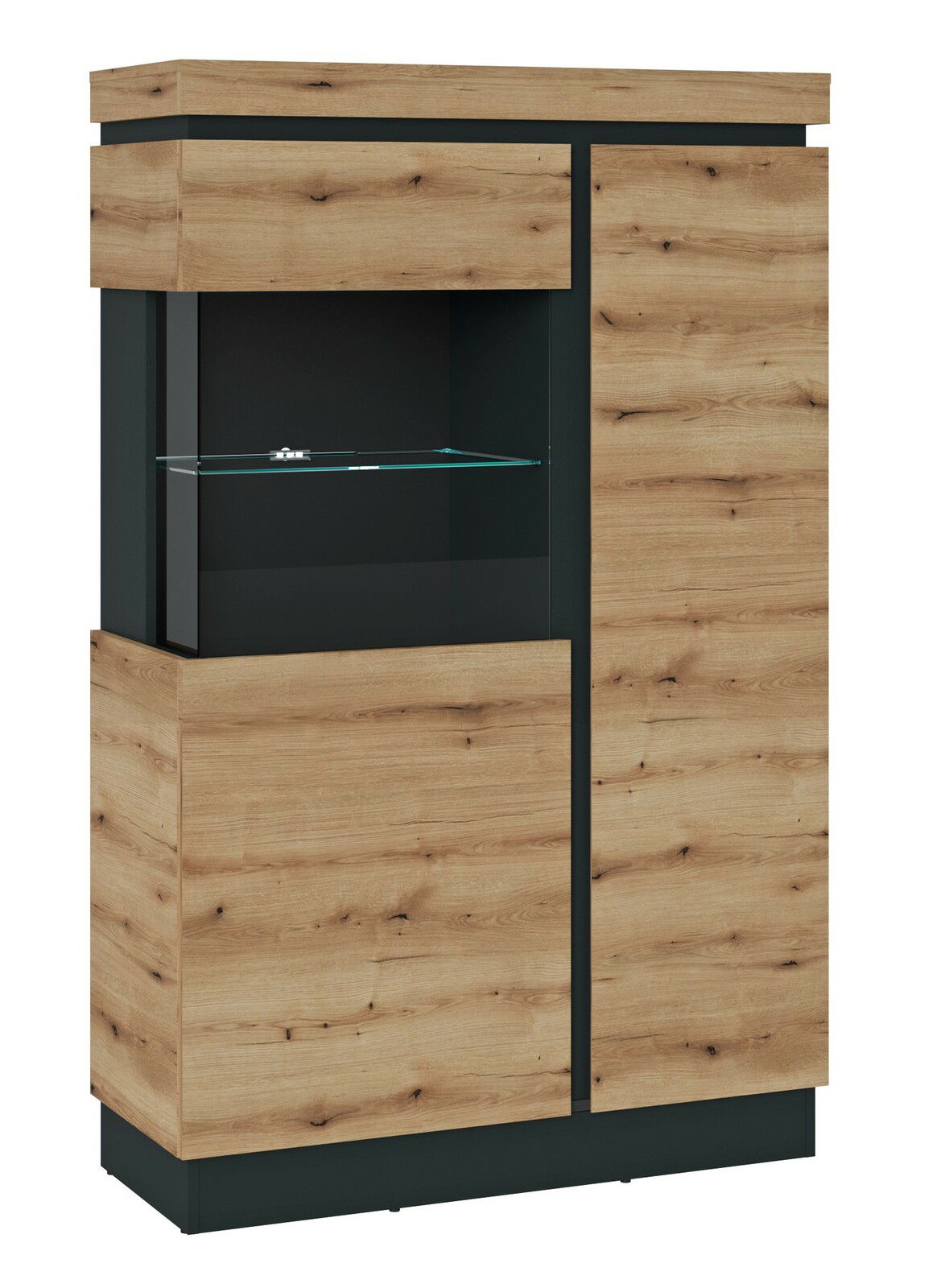 Hochwertige Highboardvitrine Corte in Holzoptik mit Glasregal, Frontalansicht