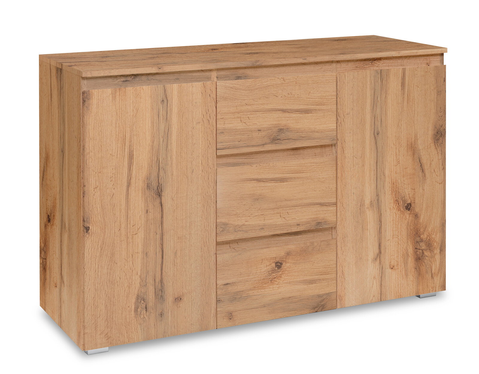 Kommode aus Holz in Eichenoptik, frontal leicht von der Seite betrachtet