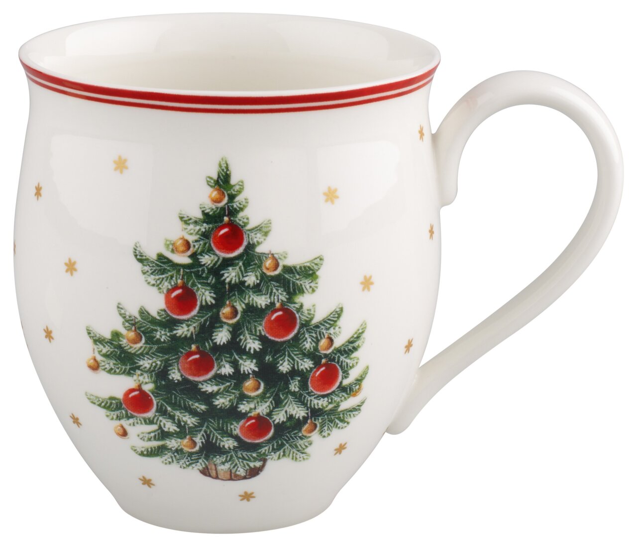 Weißer Becher mit Henkel, verziert mit einem Weihnachtsbaum-Motiv und roten Kugeln, seitliche Perspektive