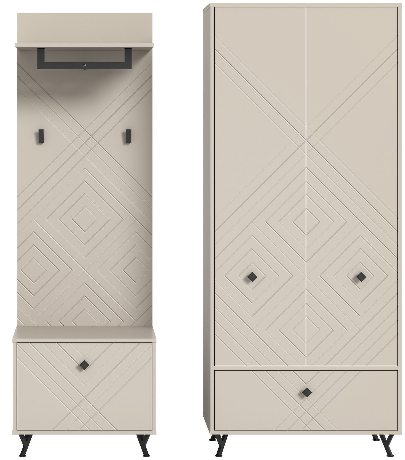 Garderobenkombination in Beige mit geometrischem Muster, bestehend aus einem hohen Schrank und einer Garderobenleiste mit Schuhschrank, frontal abgebildet.