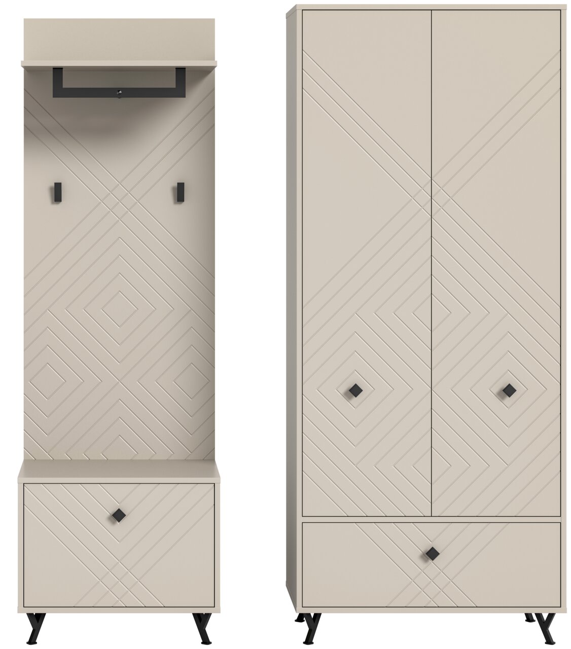 Garderobenkombination in Beige mit geometrischem Muster, bestehend aus einem hohen Schrank und einer Garderobenleiste mit Schuhschrank, frontal abgebildet.