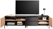 Frontansicht eines XL-TV-Lowboards mit offenen Schränken und Schubladen, dekoriert mit Büchern, einer Lampe und einem Fernseher.