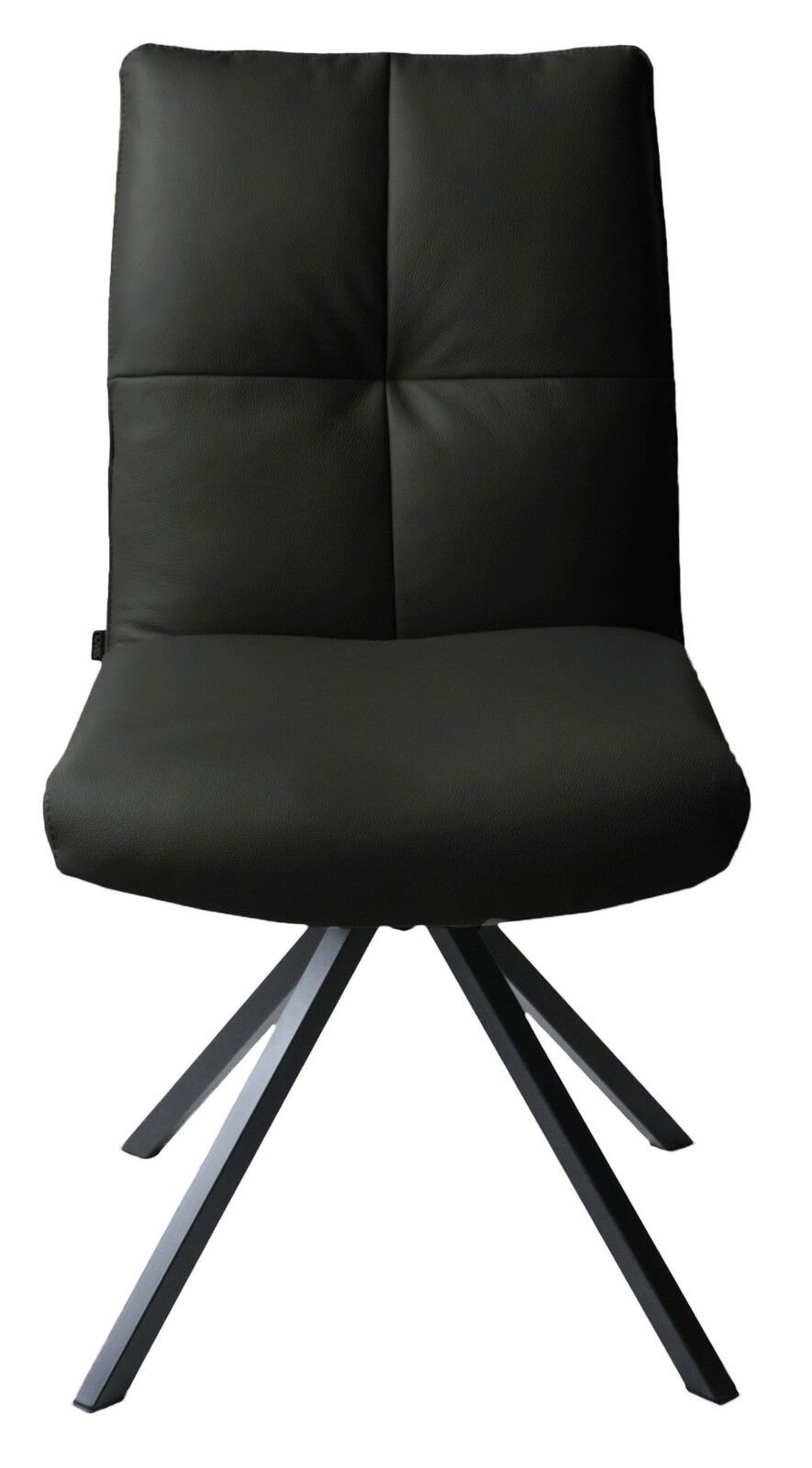 Schwarzer Stuhl mit gepolsterter Rückenlehne und Sitzfläche, auf vier Metallbeinen, Frontalansicht