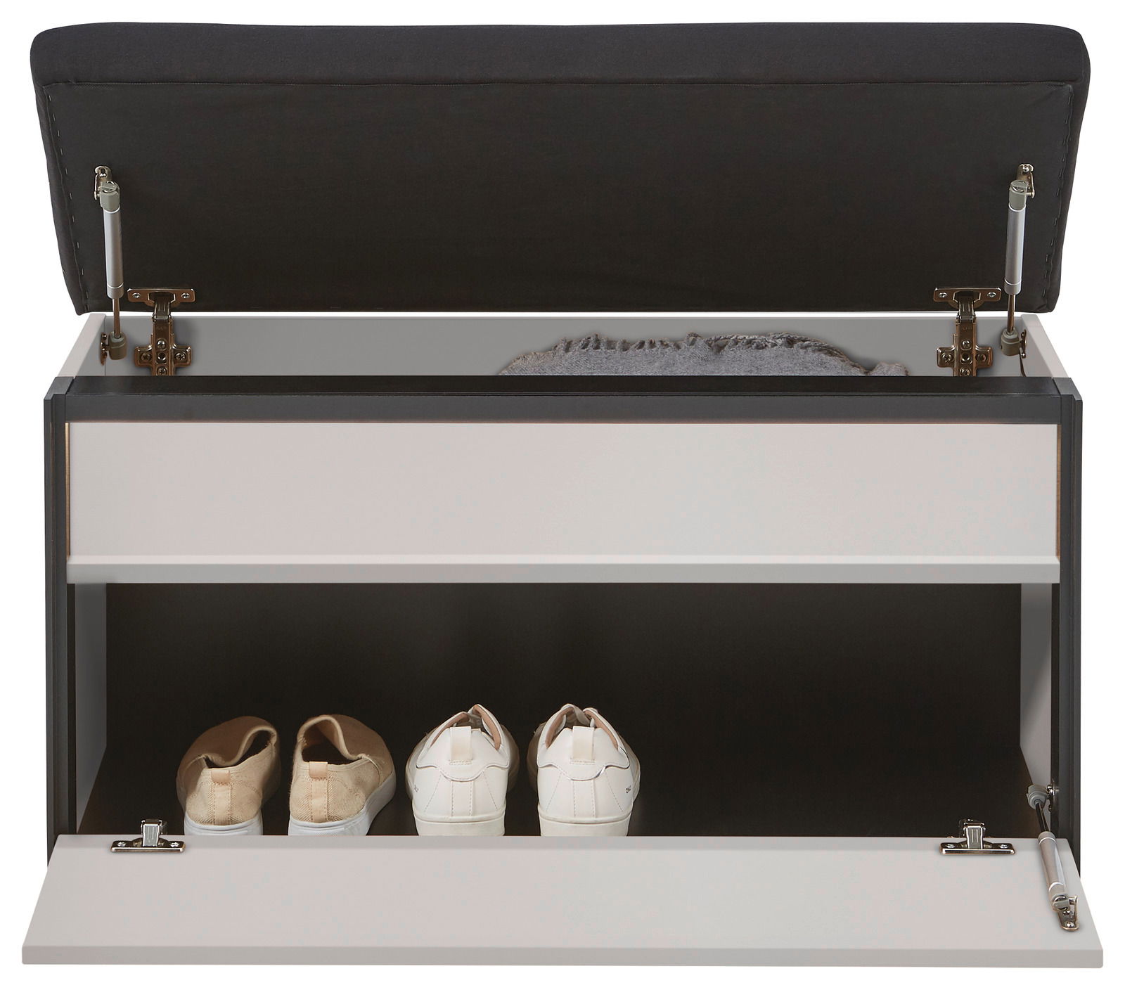 Garderoben-Set mit geöffneter Sitzbank, zeigt Innenraum mit Schuhen, Frontansicht