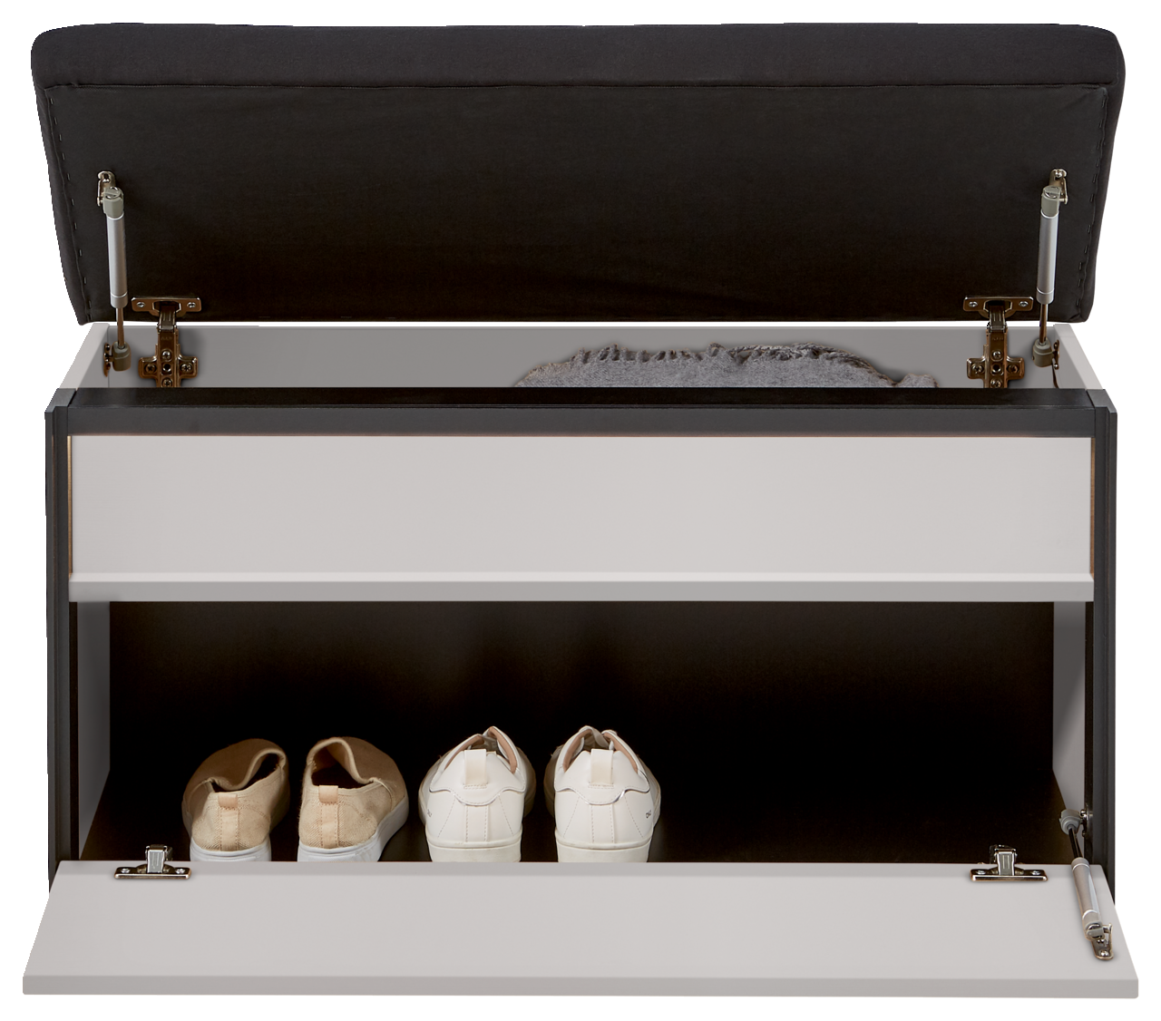Garderoben-Set mit geöffneter Sitzbank, zeigt Innenraum mit Schuhen, Frontansicht