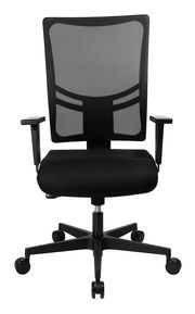 Schwarzer Bürodrehstuhl mit Netzrückenlehne und verstellbaren Armlehnen, Vorderansicht