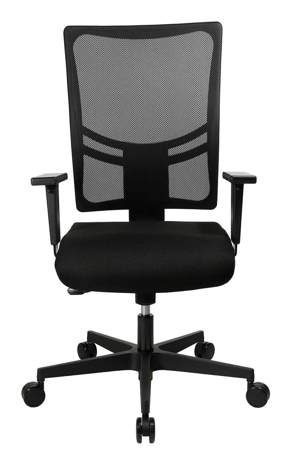 Schwarzer Bürodrehstuhl mit Netzrückenlehne und verstellbaren Armlehnen, Vorderansicht