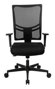 Schwarzer Bürodrehstuhl mit Netzrückenlehne und verstellbaren Armlehnen, Vorderansicht