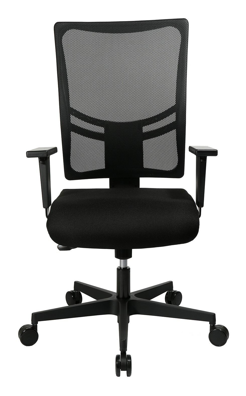 Schwarzer Bürodrehstuhl mit Netzrückenlehne und verstellbaren Armlehnen, Vorderansicht