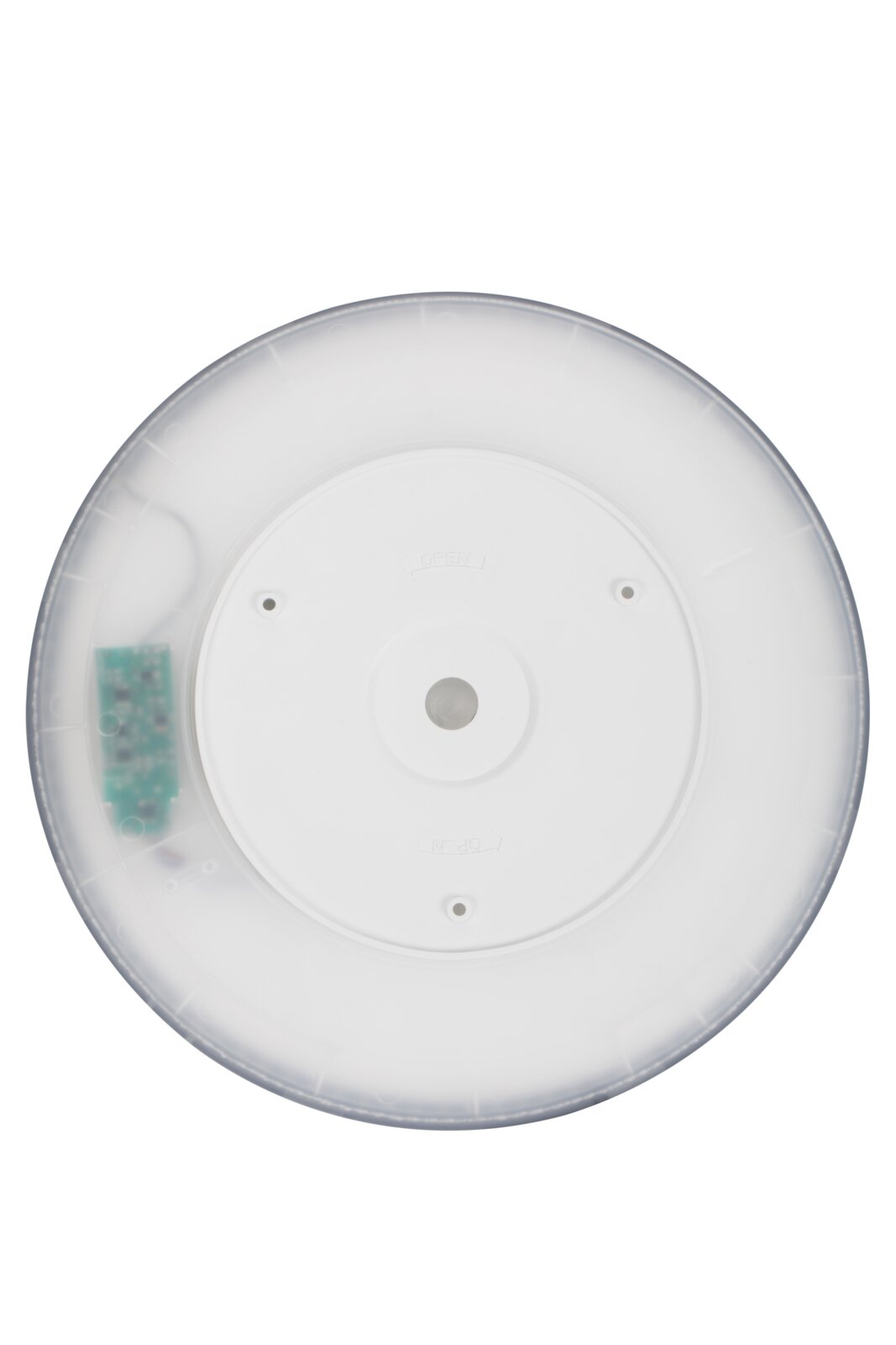 Ronde led-plafondlamp van onderaf gezien; hier is de achterkant met bevestigingselementen en elektronische componenten te zien.