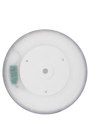 Ronde led-plafondlamp van onderaf gezien; hier is de achterkant met bevestigingselementen en elektronische componenten te zien.