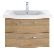 Frontansicht eines modernen Waschtischs mit Holzoptik und zwei Schubladen, ausgestattet mit einem weißen Waschbecken und einem Chrom-Wasserhahn.