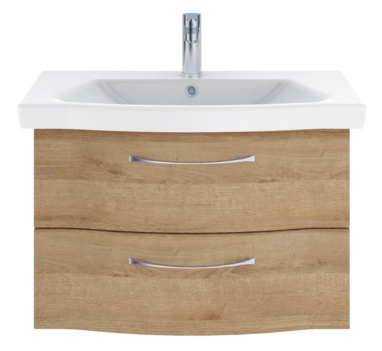 Frontansicht eines modernen Waschtischs mit Holzoptik und zwei Schubladen, ausgestattet mit einem weißen Waschbecken und einem Chrom-Wasserhahn.