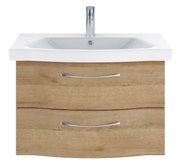 Vooraanzicht van een moderne wastafel met houtlook en twee lades, voorzien van een witte wasbak en een chromen kraan.