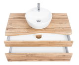 Waschtisch-Set aus Holz mit rundem weißen Waschbecken und zwei offenen Schubladen, Ansicht von oben