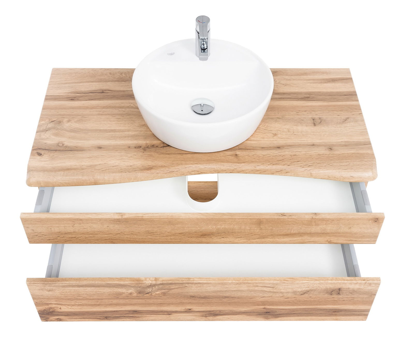 Waschtisch-Set aus Holz mit rundem weißen Waschbecken und zwei offenen Schubladen, Ansicht von oben