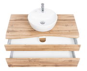Waschtisch-Set aus Holz mit rundem weißen Waschbecken und zwei offenen Schubladen, Ansicht von oben