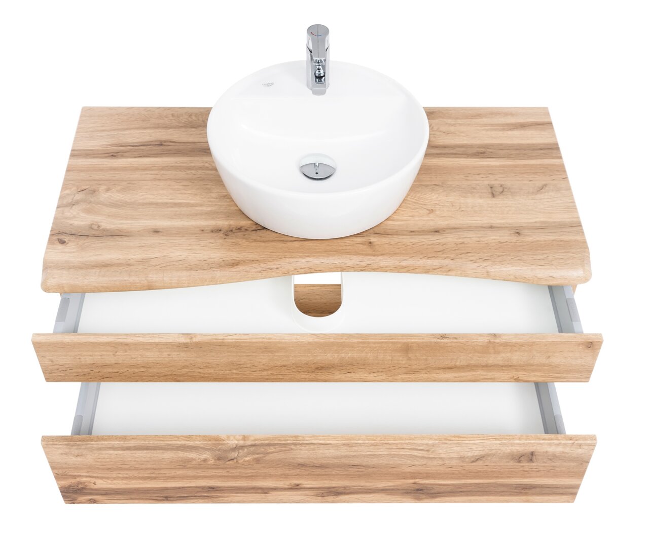Waschtisch-Set aus Holz mit rundem weißen Waschbecken und zwei offenen Schubladen, Ansicht von oben