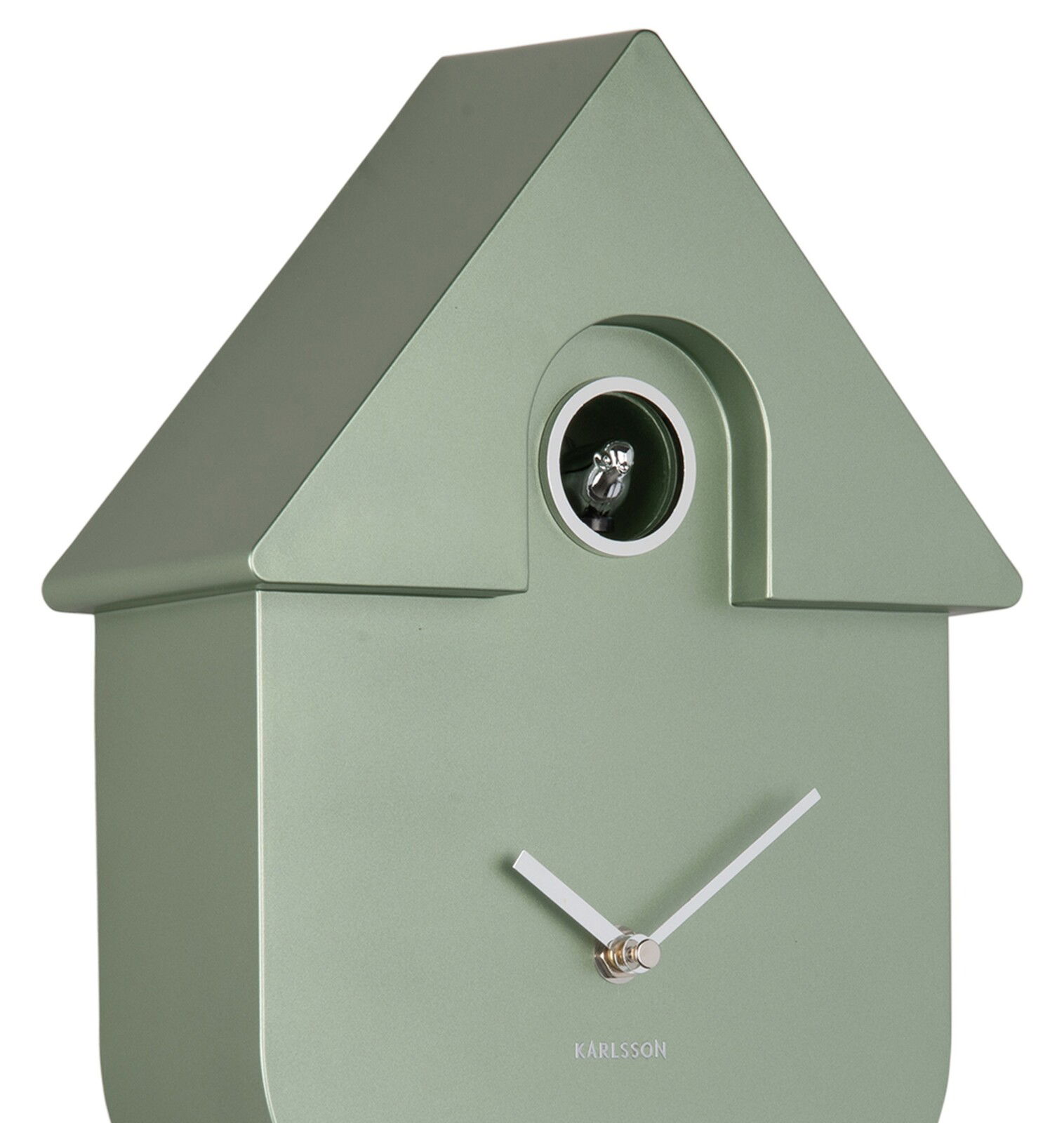 Moderne grüne Wanduhr in Form eines Hauses mit Kuckuck, seitliche Perspektive