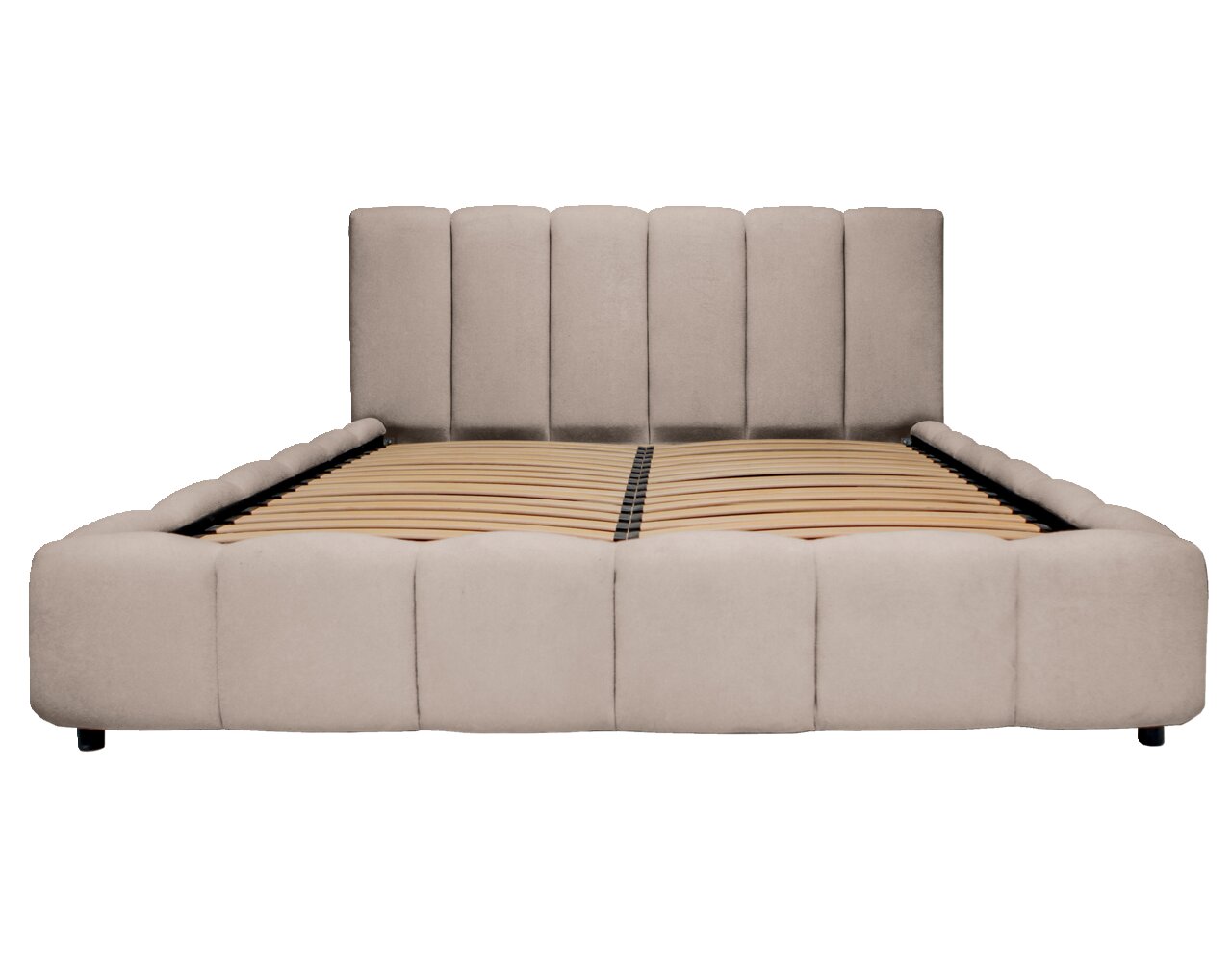 Frontale Ansicht eines beige gepolsterten Bettgestells mit Lattenrost.