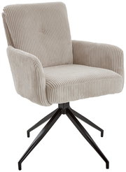 Beiger Armlehnstuhl mit geripptem Stoffbezug und schwarzem Metallgestell, seitliche Perspektive