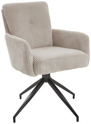 Beiger Armlehnstuhl mit geripptem Stoffbezug und schwarzem Metallgestell, seitliche Perspektive