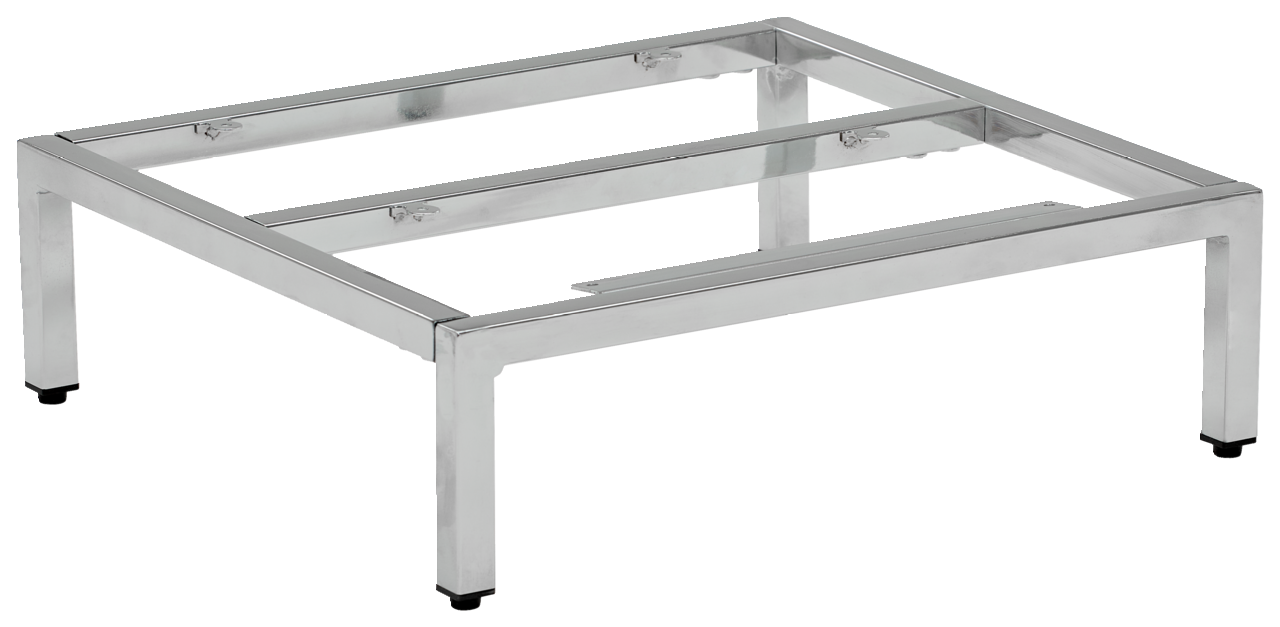 Metalluntergestell in rechteckiger Form, silberfarben, mit vier stabilen Beinen, seitliche Perspektive