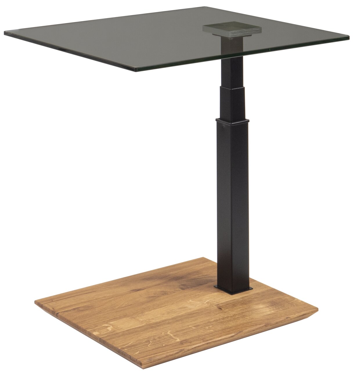 Moderner Beistelltisch mit Glasplatte und Holzfuß, seitliche Perspektive