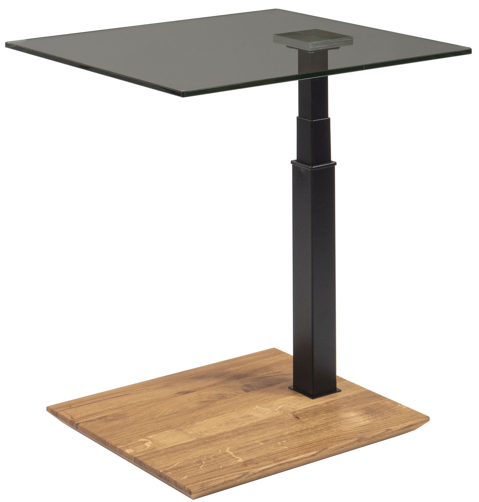 Moderner Beistelltisch mit Glasplatte und Holzfuß, seitliche Perspektive