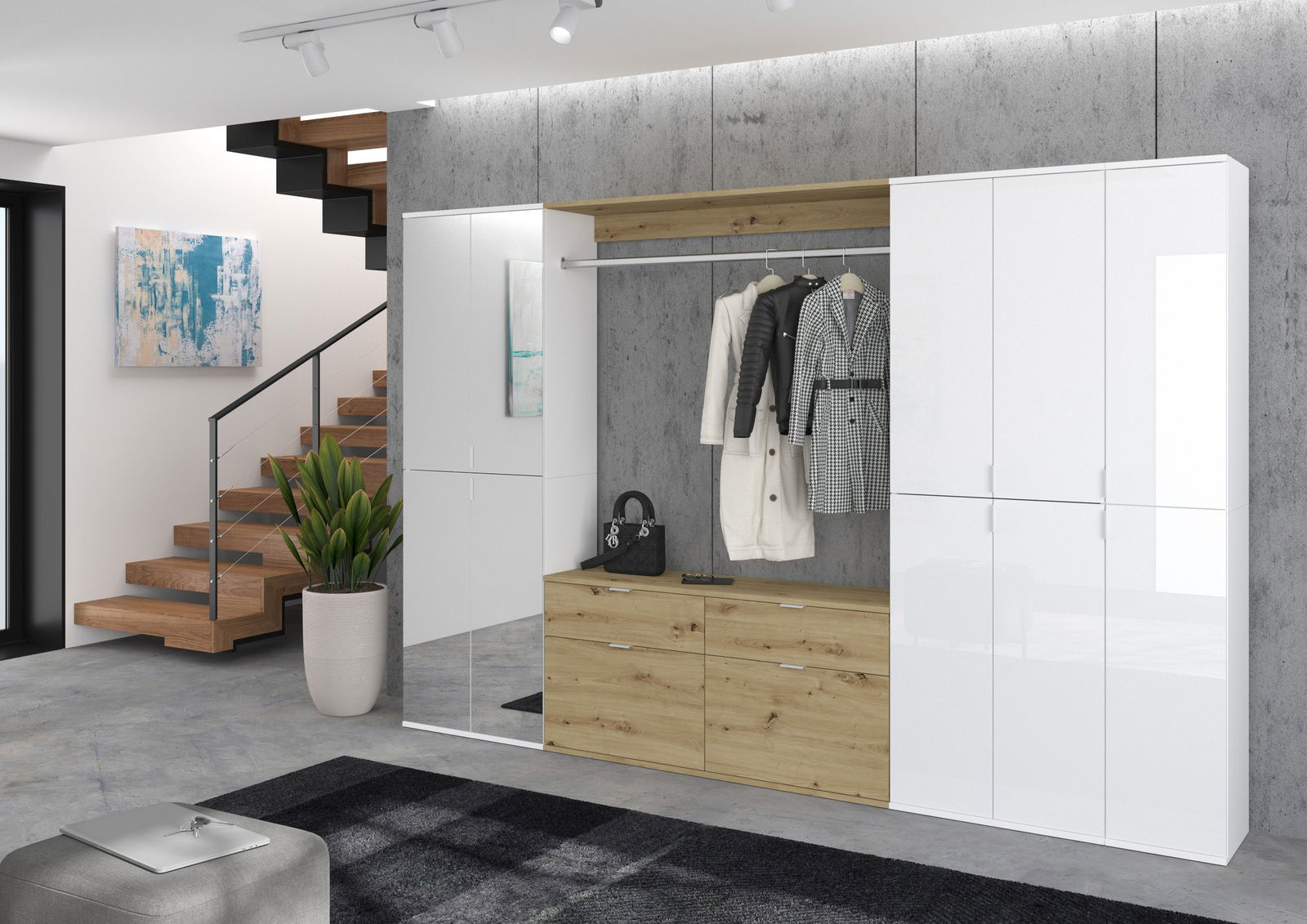 MID.YOU Garderobenkombination PROJEKT X Moderne Garderobenkombination mit weißem Hochglanz und Holzelementen, frontal betrachtet, mit Kleiderstange und Schränken.