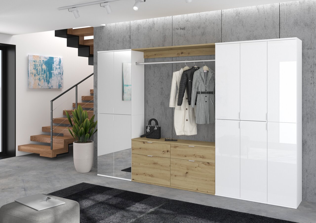 MID.YOU Garderobenkombination PROJEKT X Moderne Garderobenkombination mit weißem Hochglanz und Holzelementen, frontal betrachtet, mit Kleiderstange und Schränken.