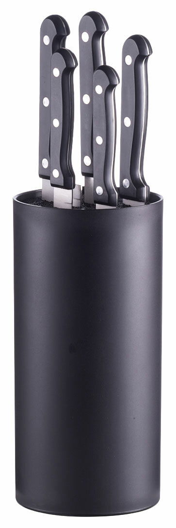 Schwarzer Messerblock mit fünf Messern, seitliche Perspektive
