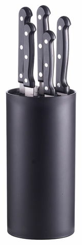 Schwarzer Messerblock mit fünf Messern, seitliche Perspektive
