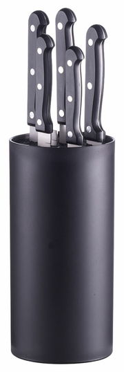 Schwarzer Messerblock mit fünf Messern, seitliche Perspektive