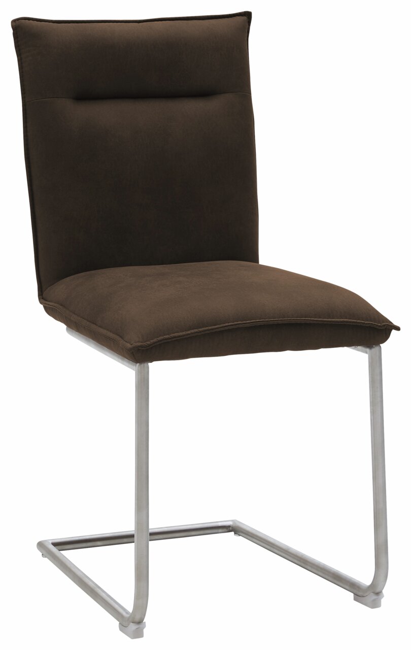 Brauner Freischwinger-Stuhl mit Metallgestell, seitliche Perspektive