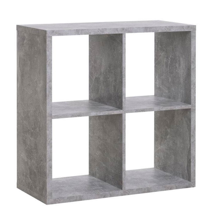 Grauer Regalwürfel mit vier Fächern, seitliche Perspektive