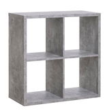 Grauer Regalwürfel mit vier Fächern, seitliche Perspektive