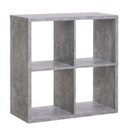 Grauer Regalwürfel mit vier Fächern, seitliche Perspektive